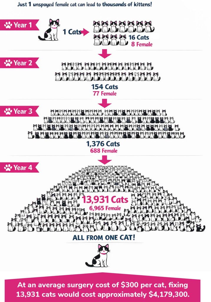 Just 1 unspayed female cat can lead to thousands of kittens - 13,931 cats after 4 years!